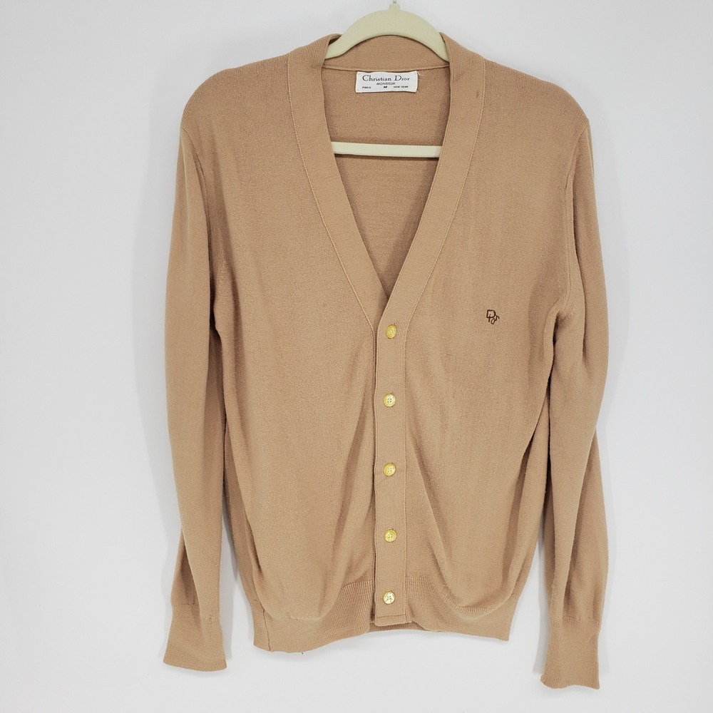 Vintage 80s Christian Dior Monsieur Orlon Cardigan Sweater Mens M Camel Tan Logo